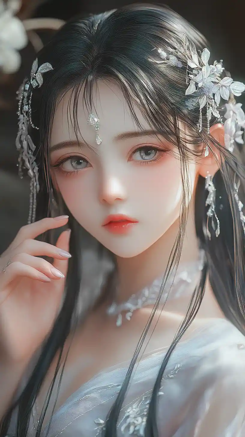 Ethereal anime girl in pastel traditional dress portrait