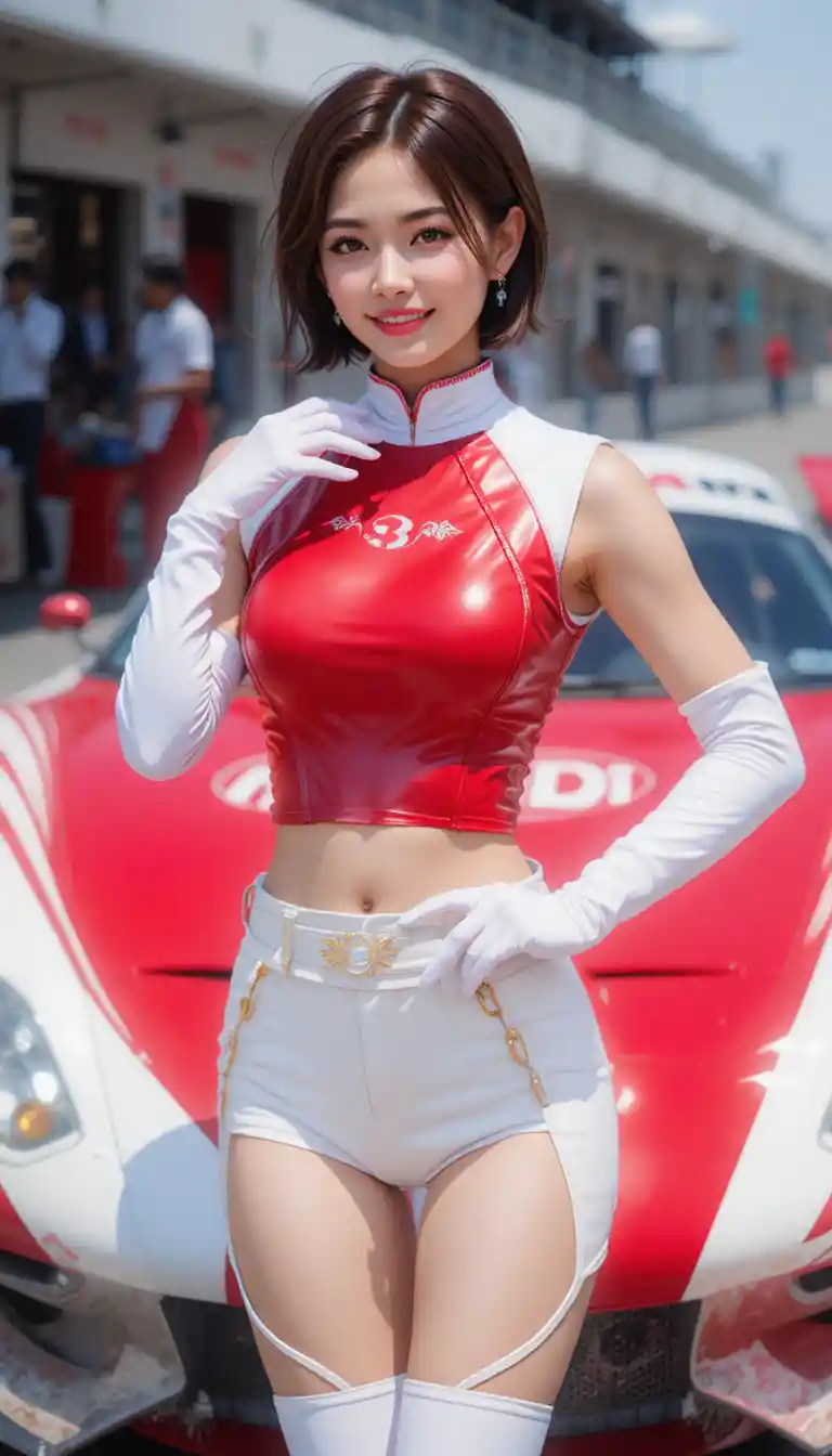 Race queen asiatica che posa accanto a un'auto da turismo rossa e bianca