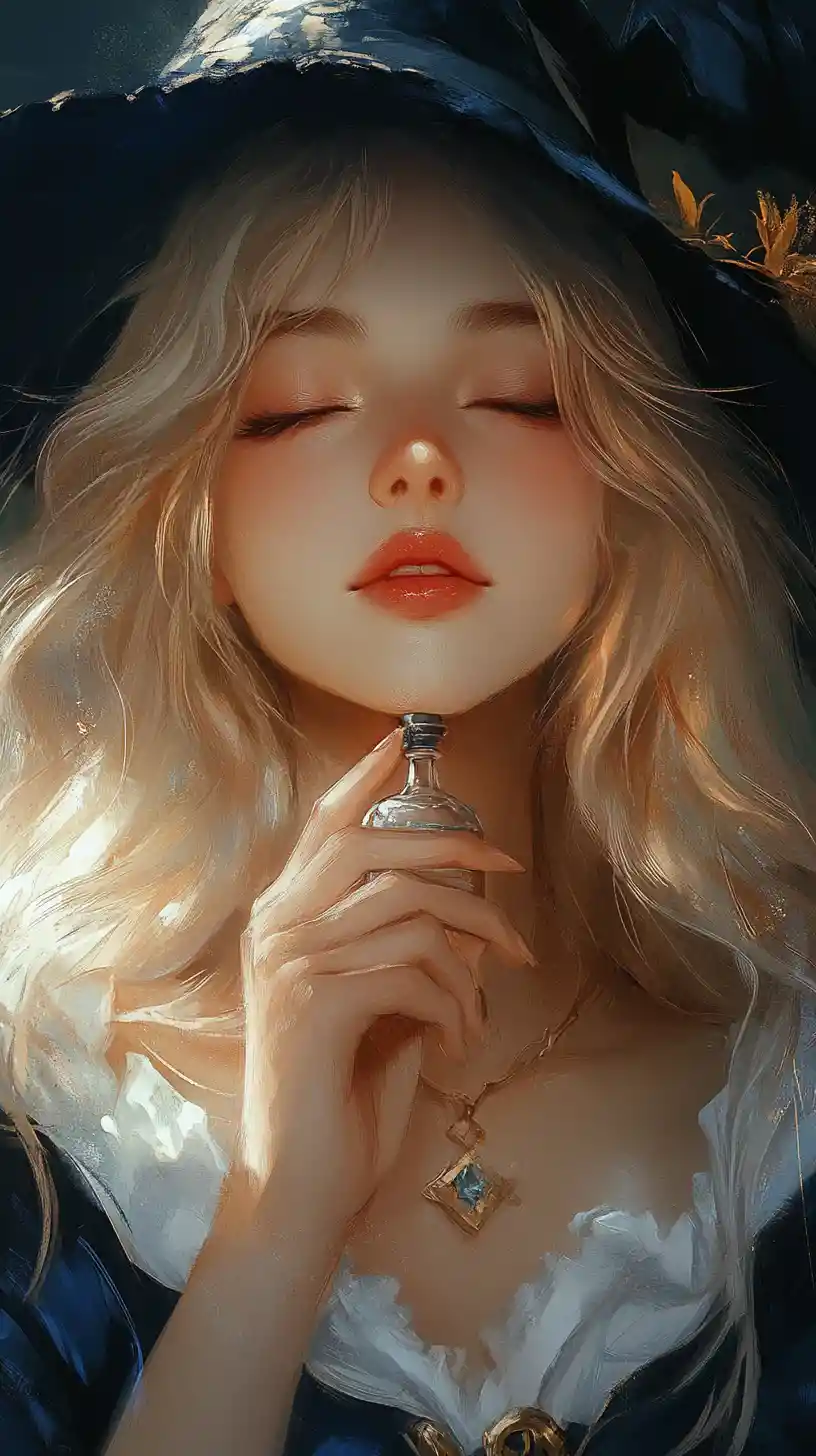 Young witch smelling a potion vial in anime style