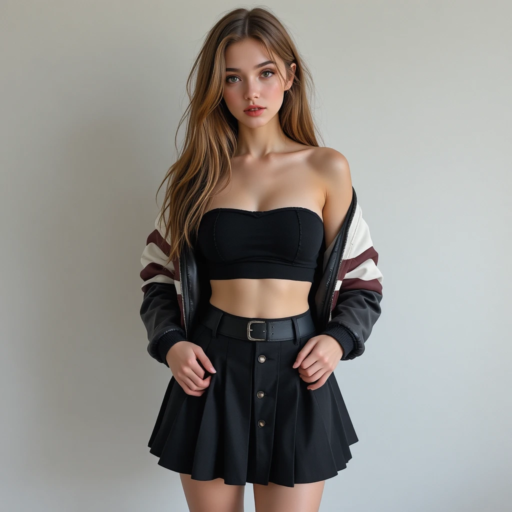 Young woman in pleated skirt and leather jacket outfit