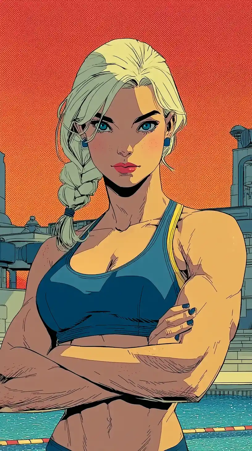 Futuristic armored bodybuilder woman posing by a pool at sunset