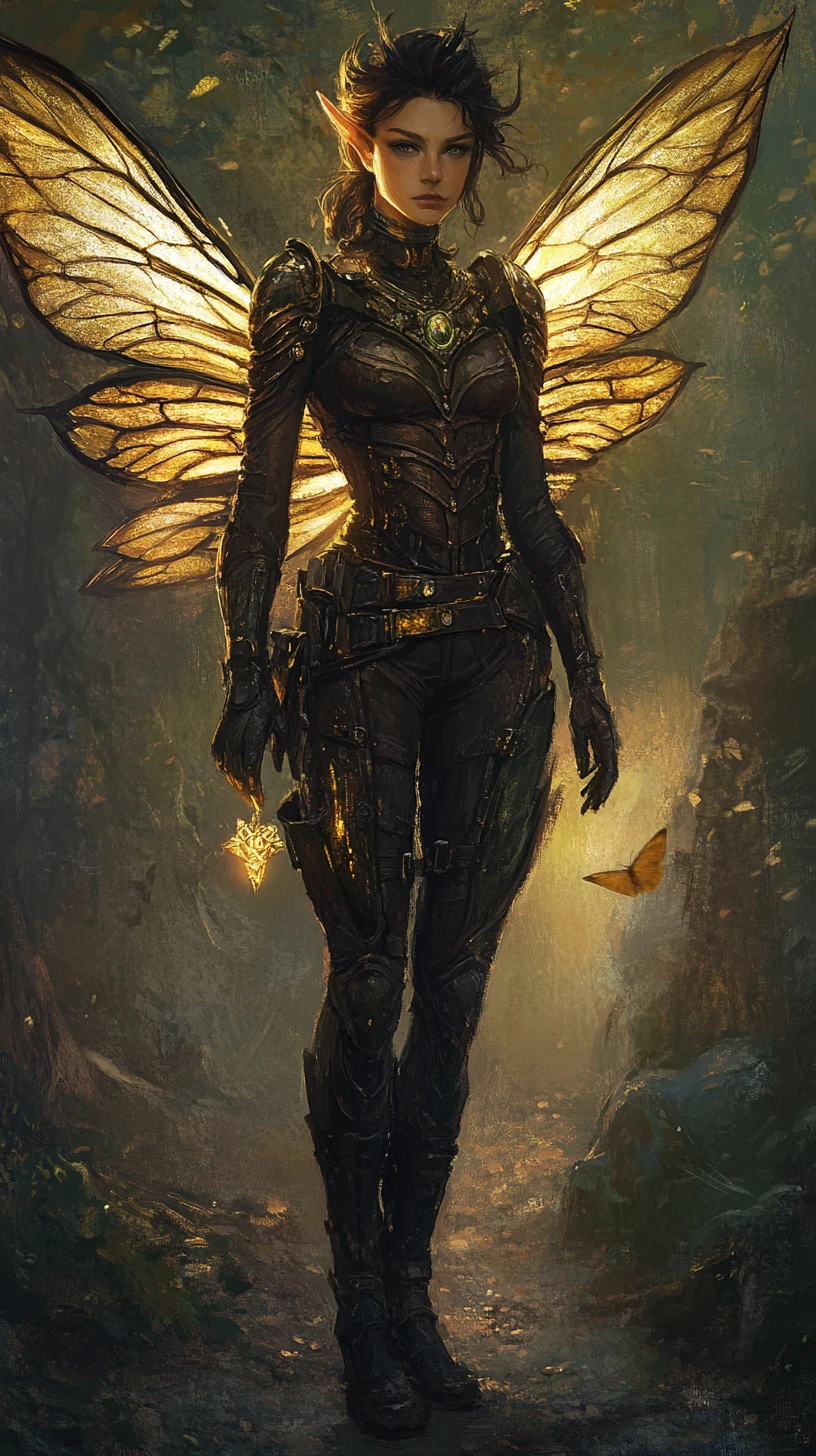 Warrior fairy in ornate armor holding a glowing talisman