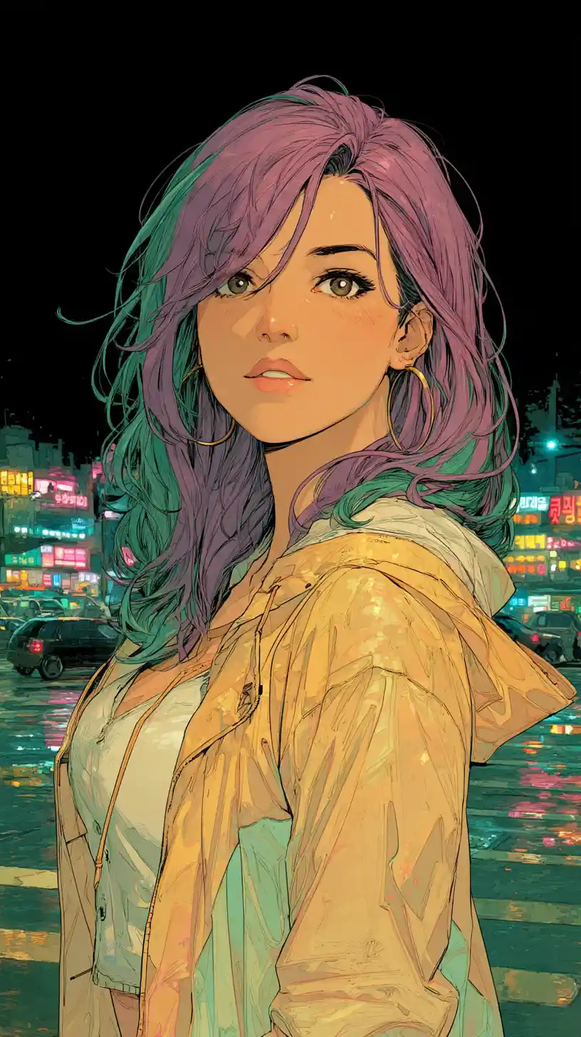 Violet haired anime woman at neon city crosswalk