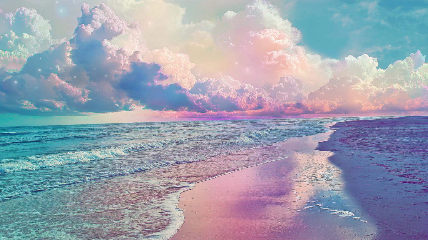Surreal serene beachside in pastel and metallic tones