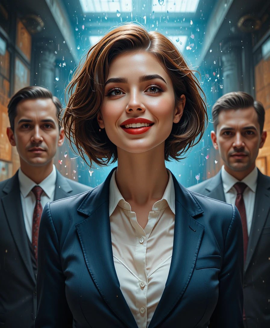 Smiling Italian woman in front of crying businessmen
