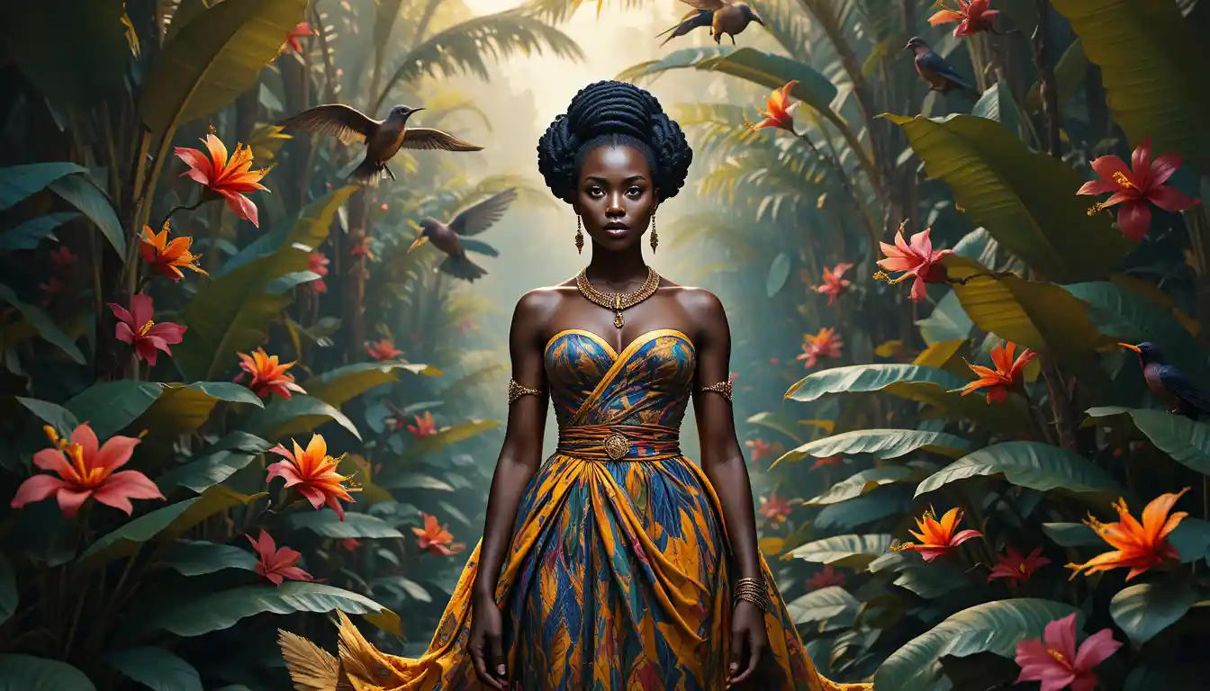 African goddess woman in couture among tropical foliage