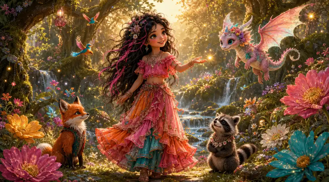 Young girl with fireflies in an enchanted sunrise forest