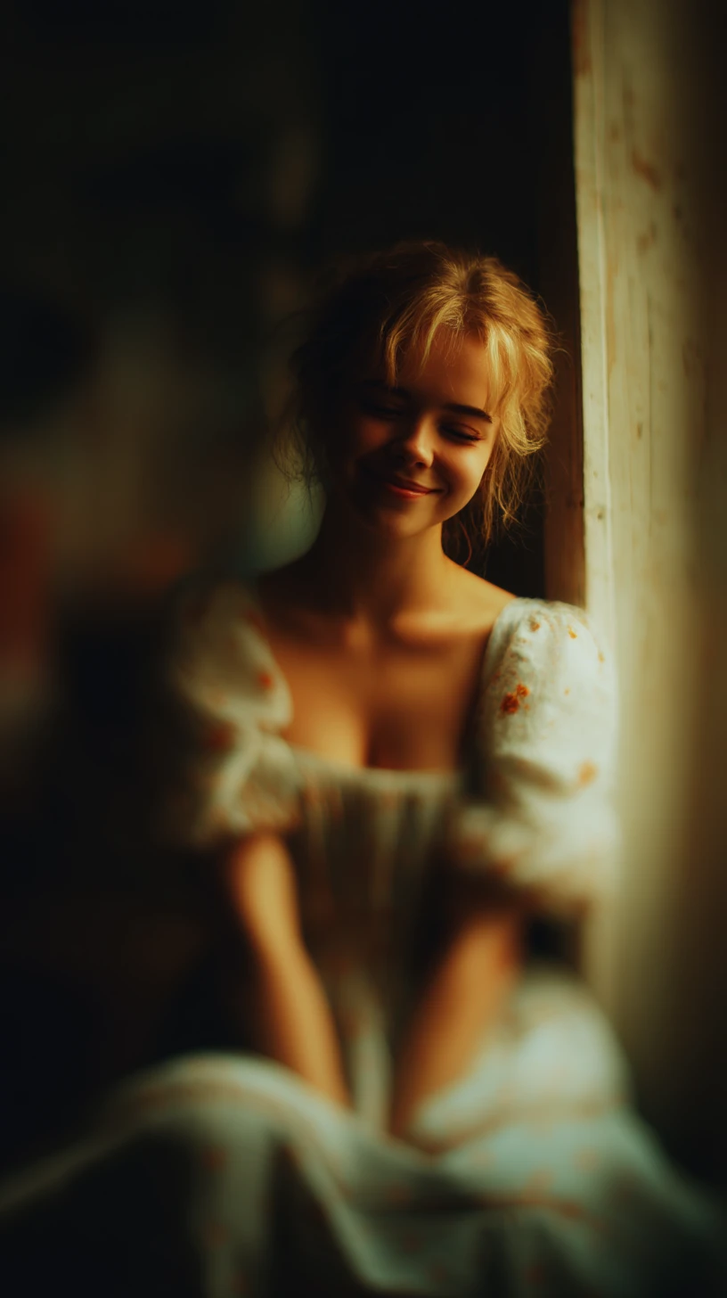 Soft blurry selfie of a blonde woman by a window
