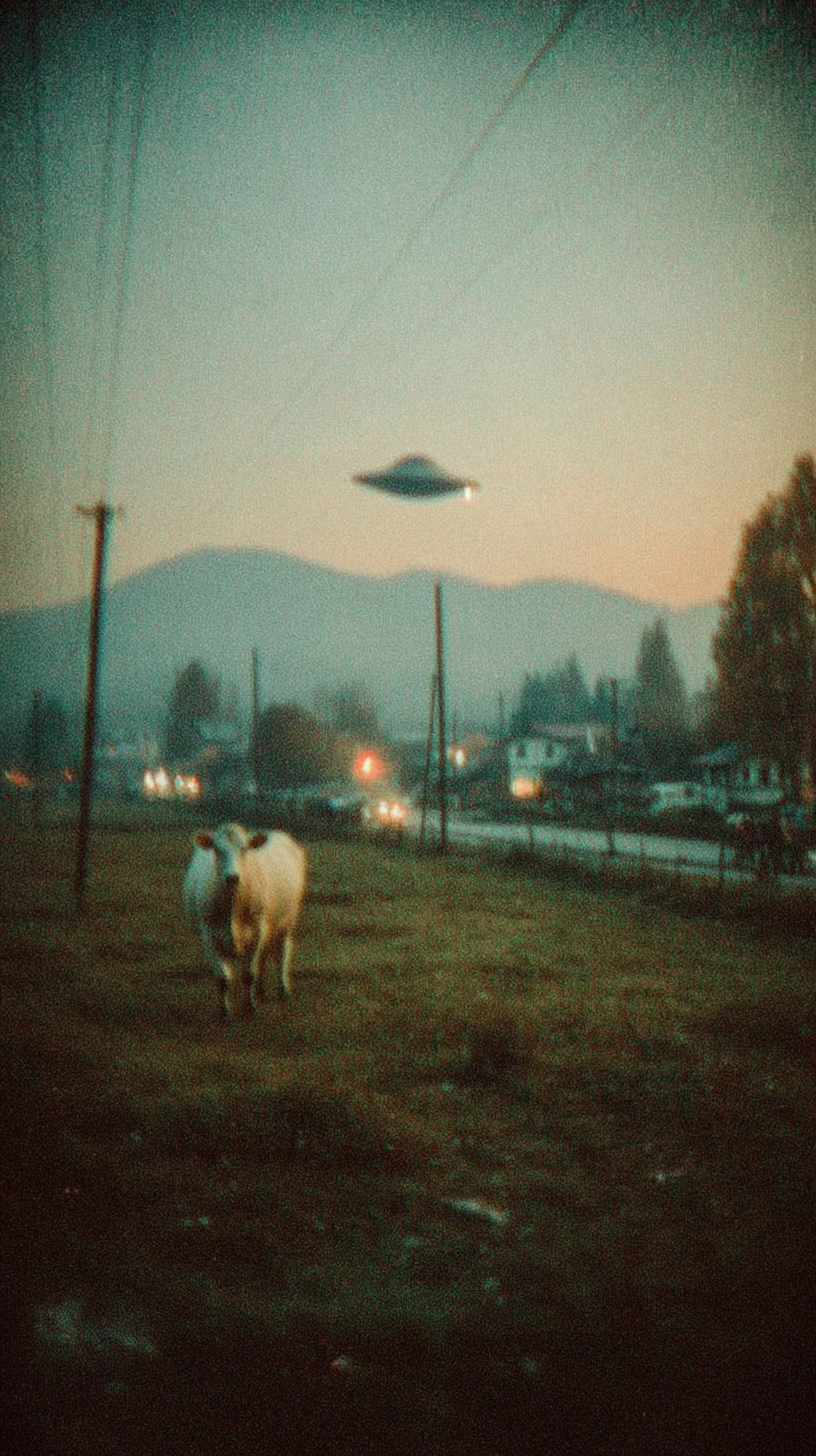 Vintage dusk landscape with UFO above a lone cow