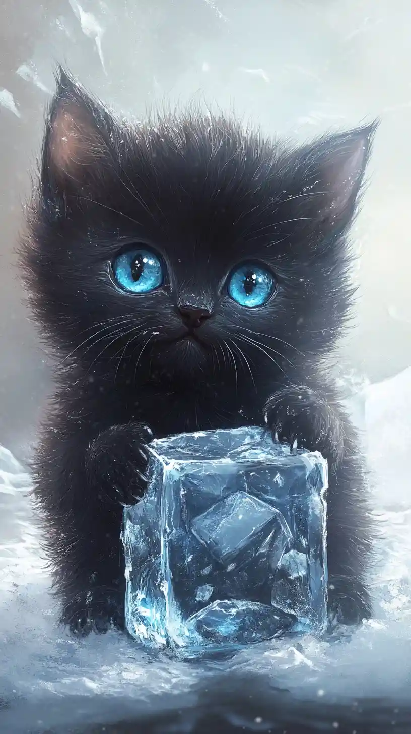 Cute black kitten with blue eyes and ice cube card