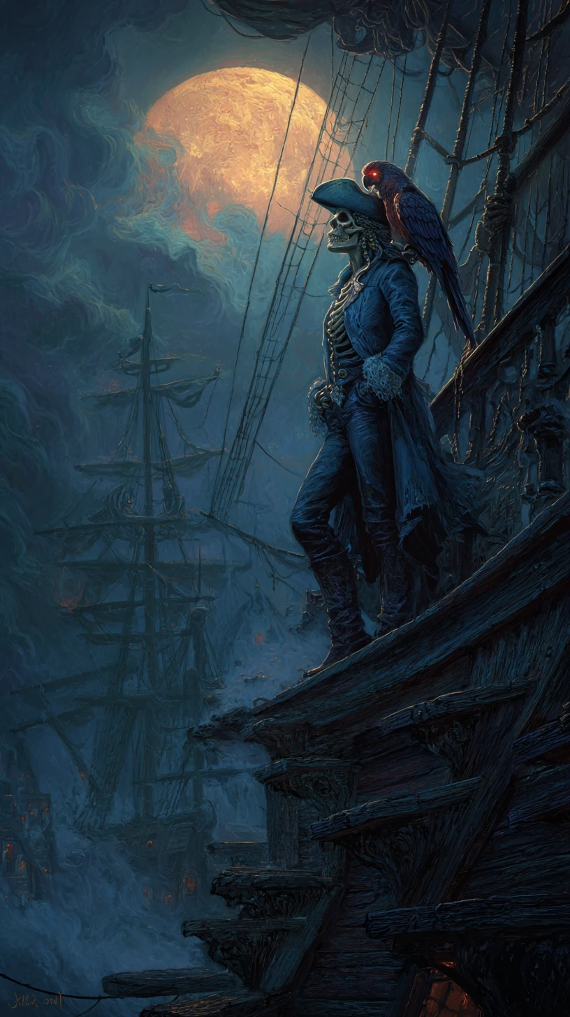 Undead pirate queen on a spectral galleon under moonlight