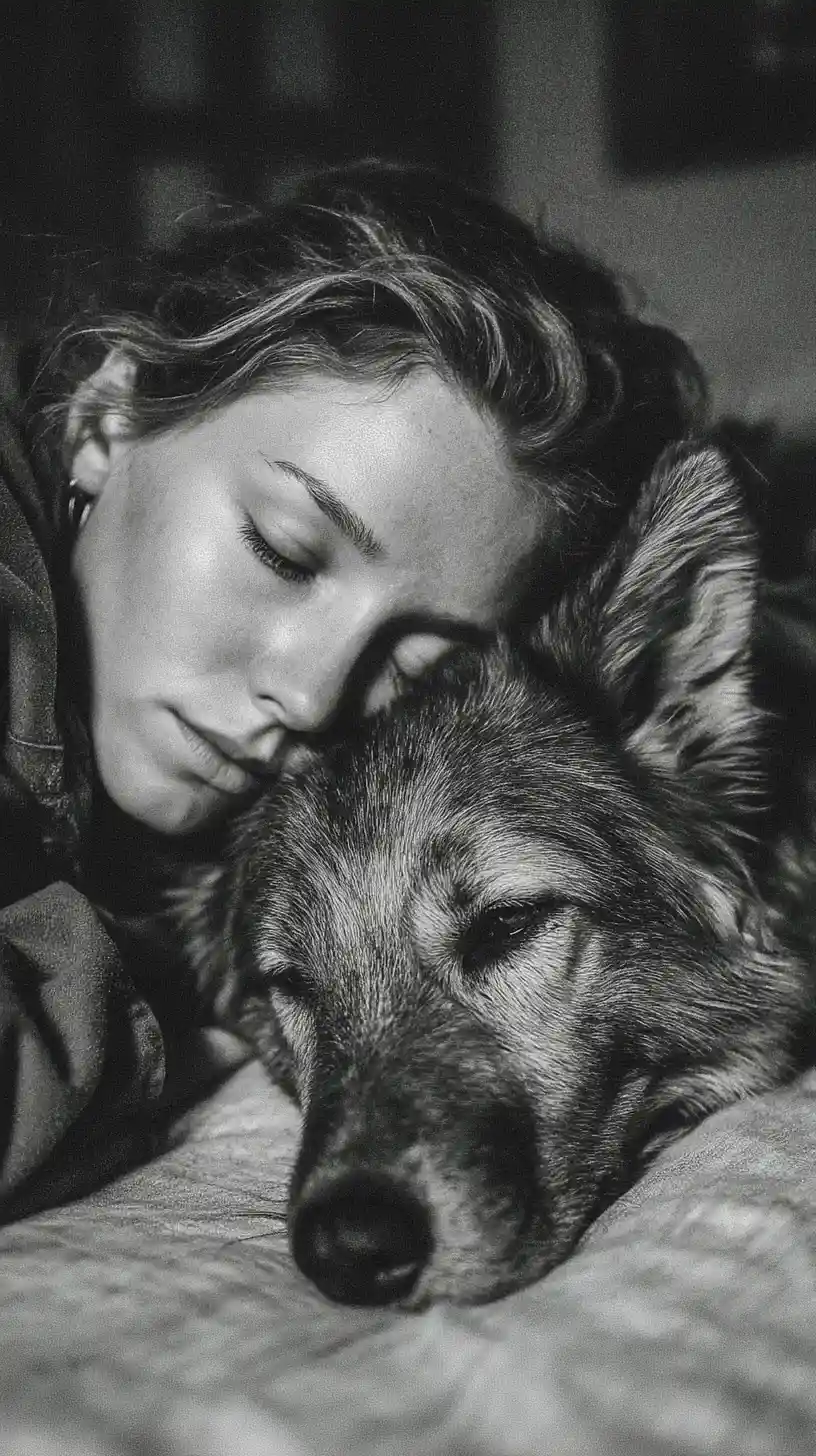 Woman lying on the floor beside her sick dog