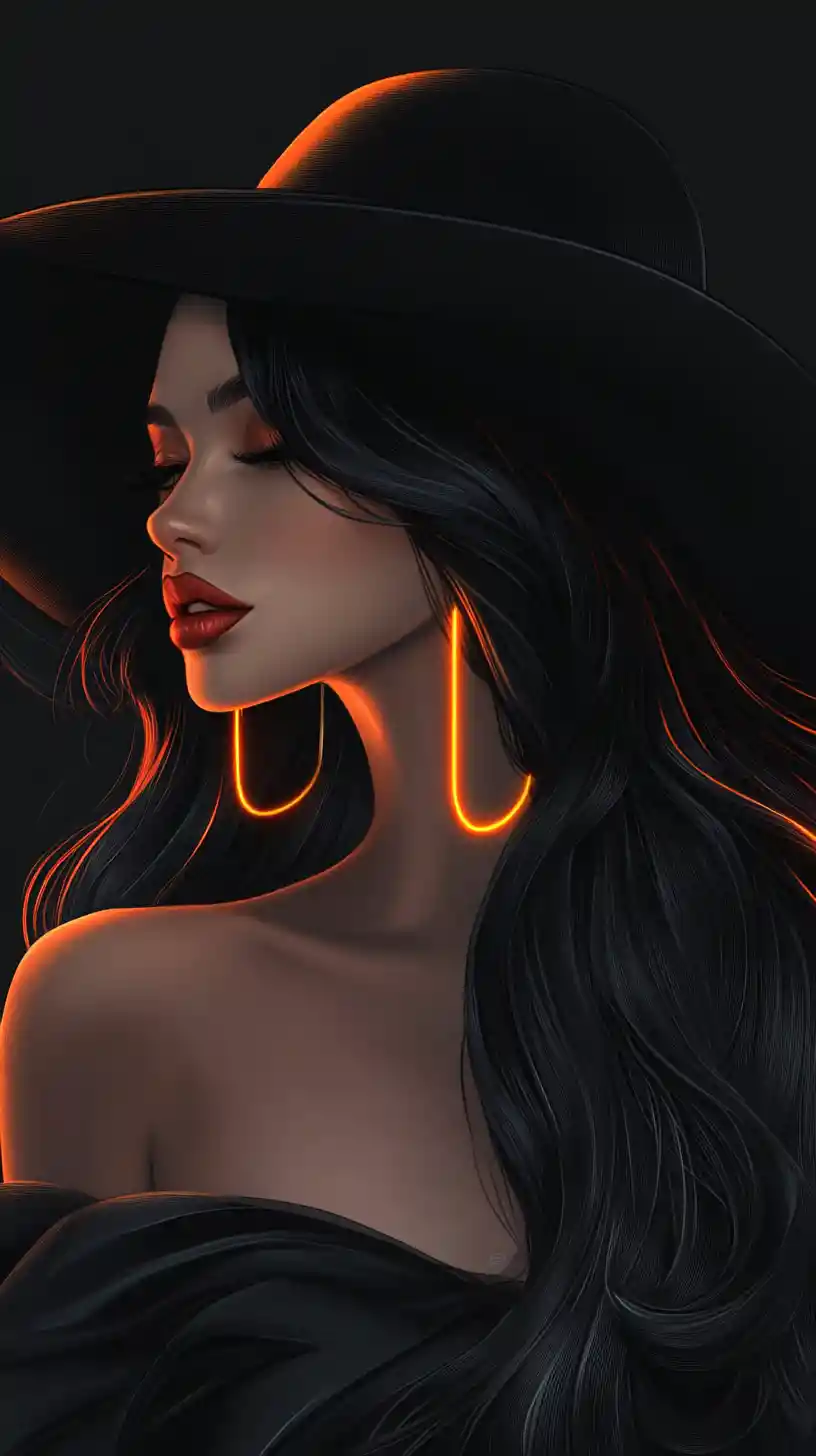 Glamorous woman in neon hat portrait with red lips
