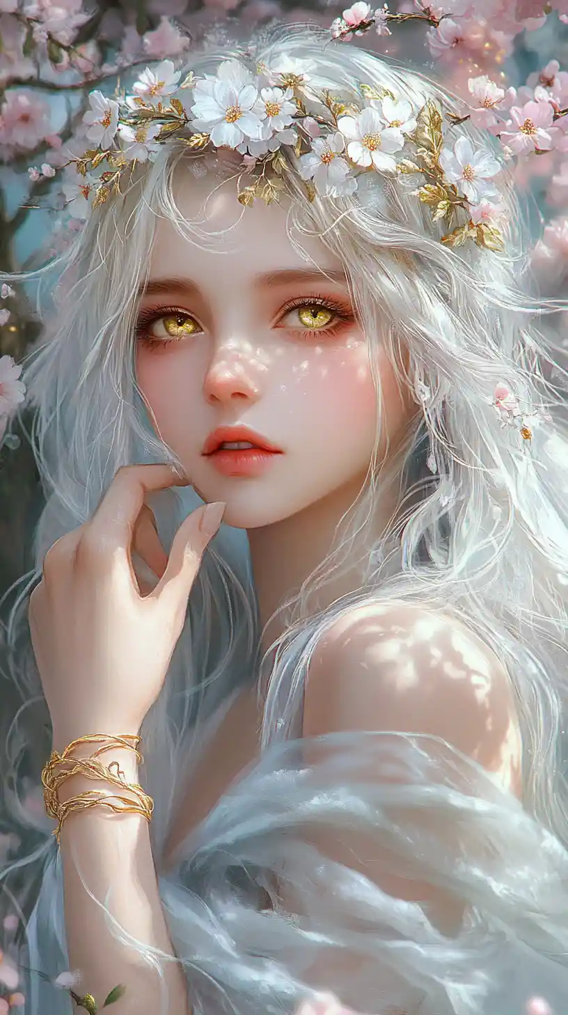 Ethereal woman crowned with cherry blossoms in moonlit garden