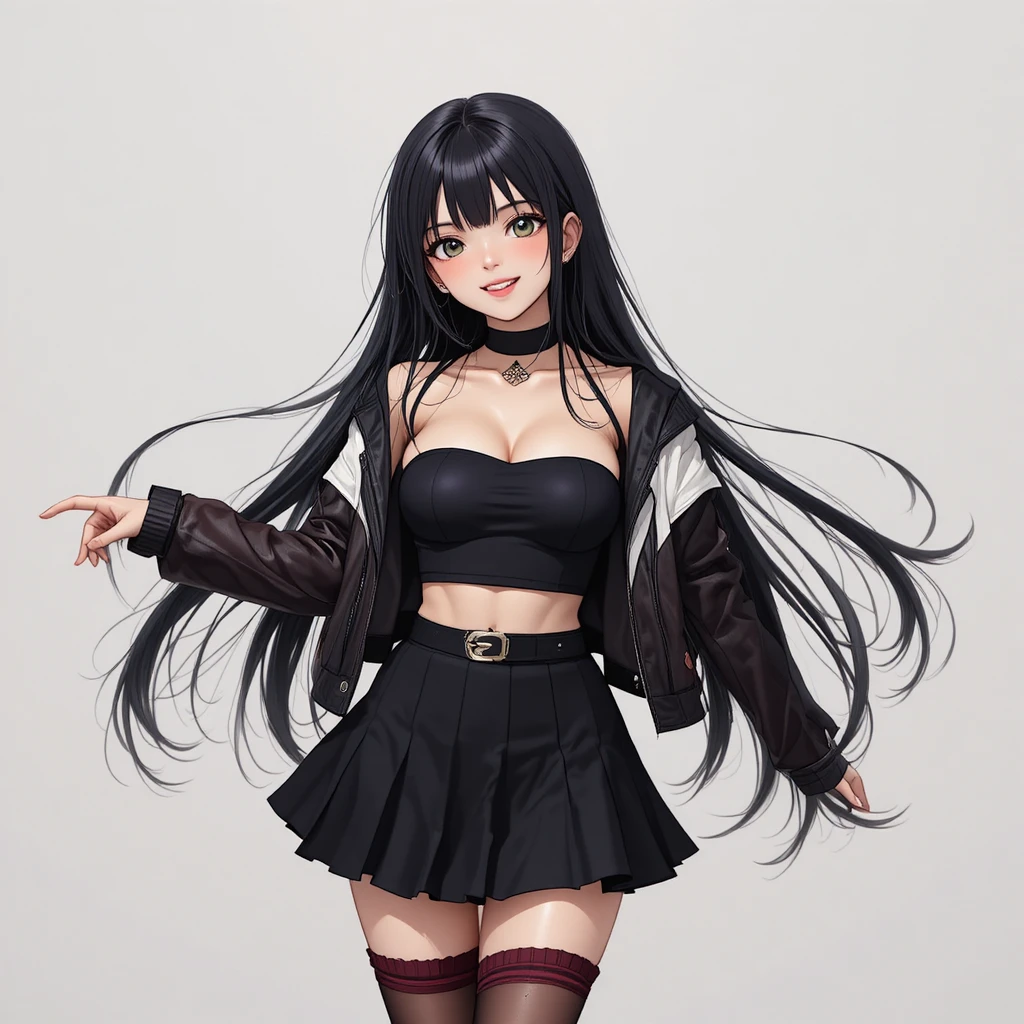 Chica de anime sonriente bailando con un atuendo streetwear elegante