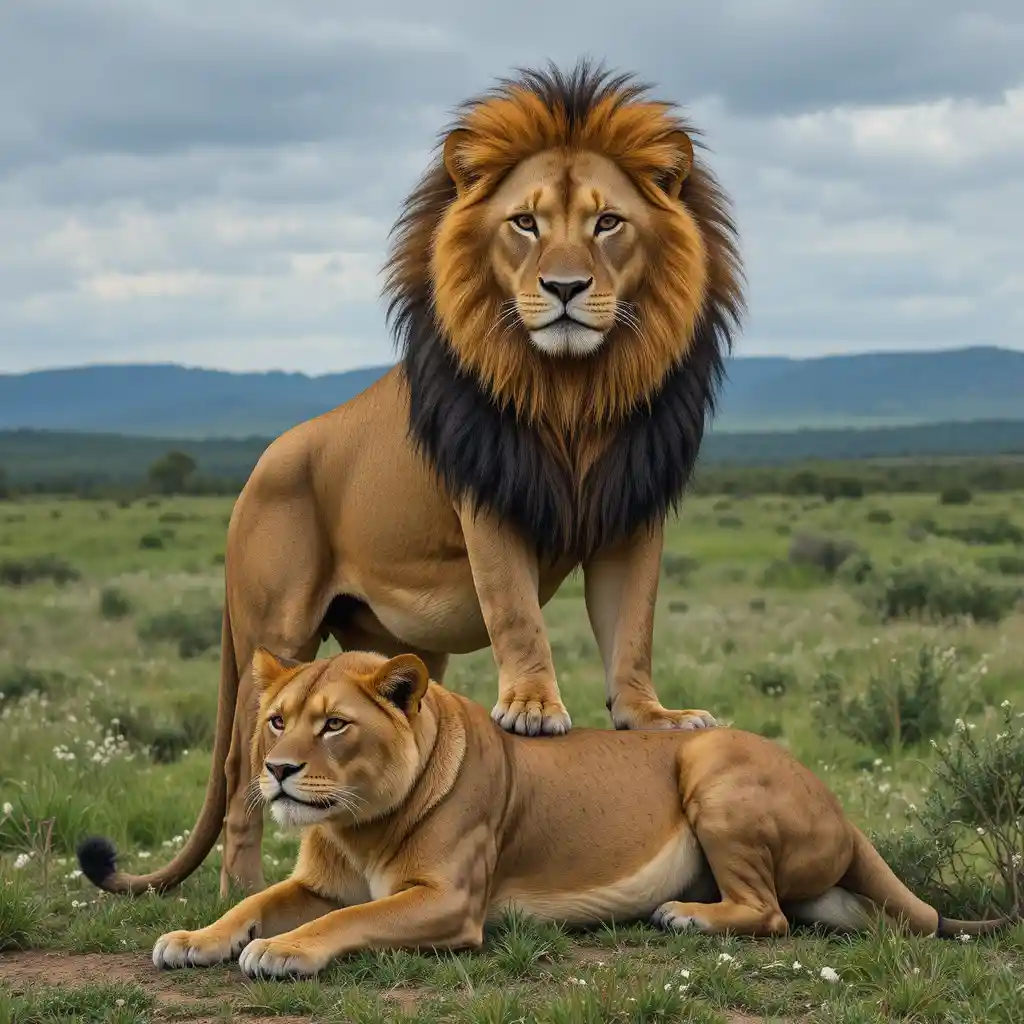 Powerful male lion towering over lioness on green savanna