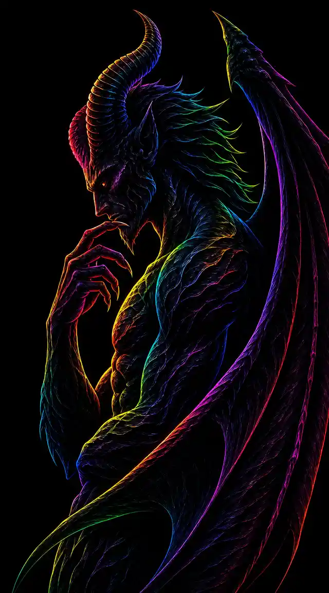 Horned demon profile wrapped in glowing neon wings