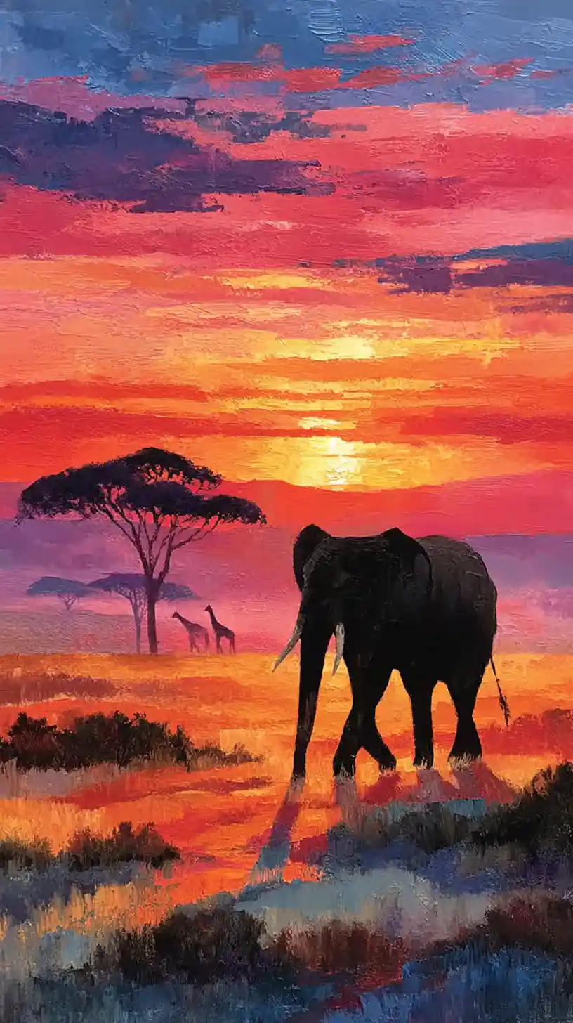 African elephant walking across savanna at sunset