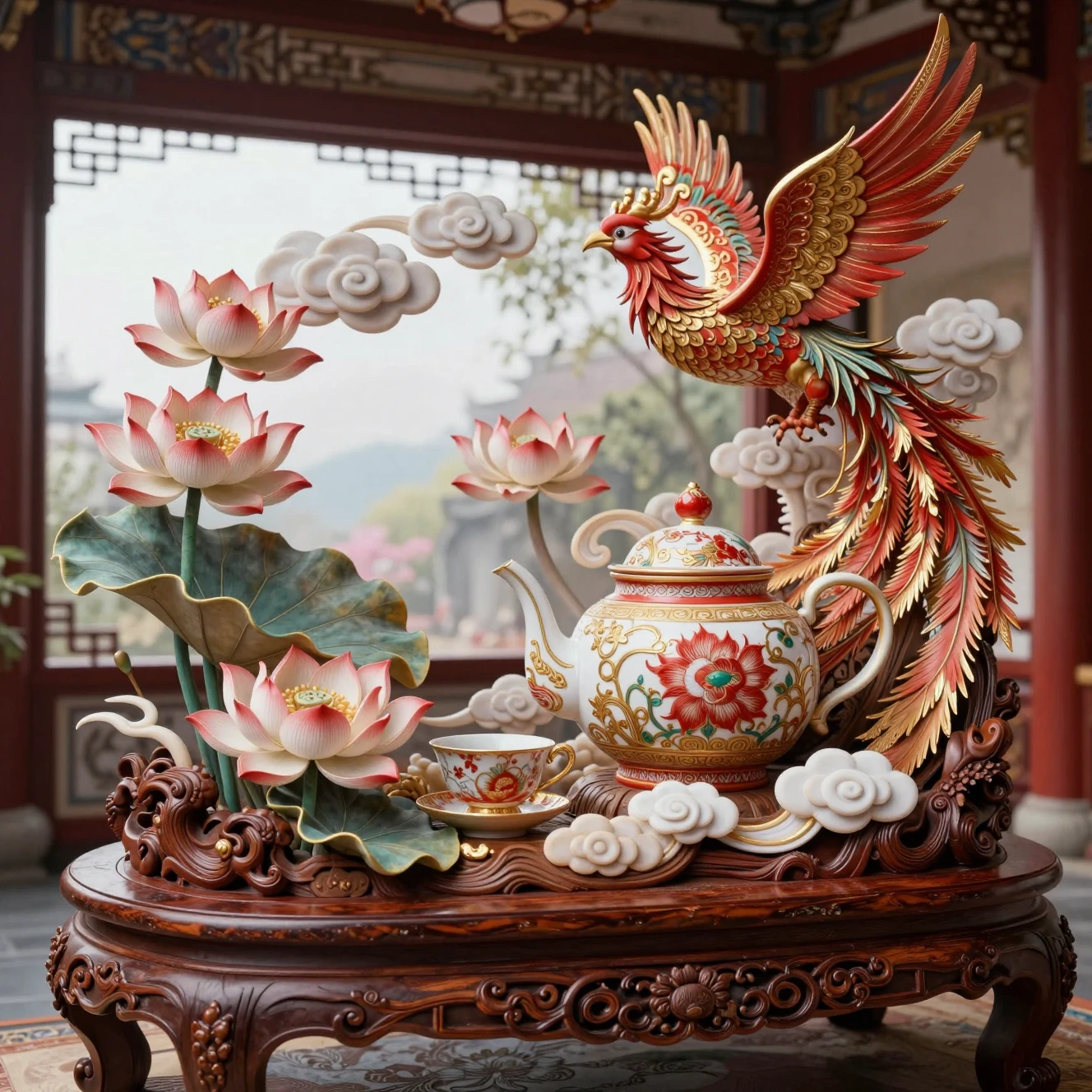 Ornate Chinese teapot carving on a wooden table