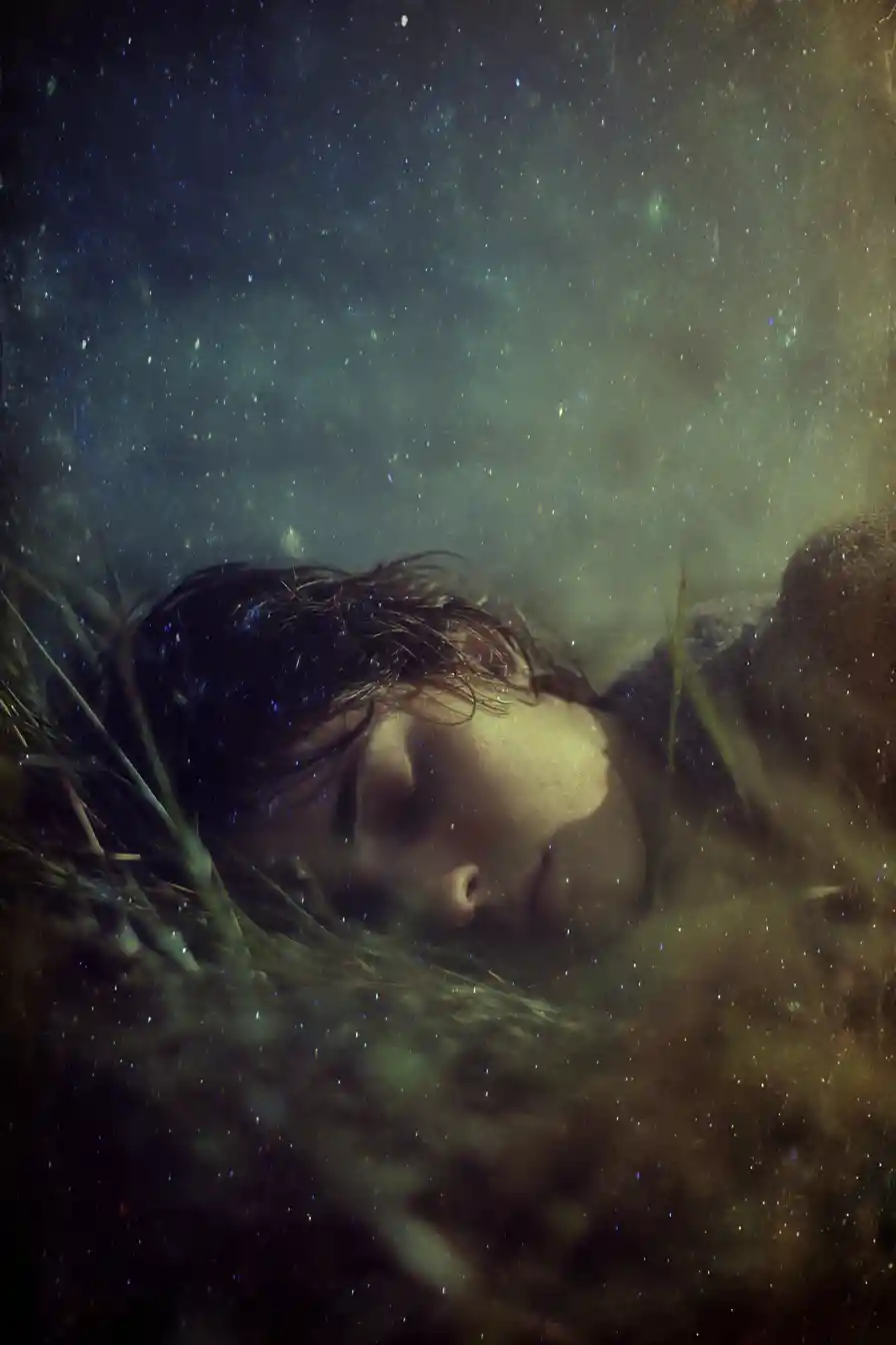 Peaceful night beneath stars beside distant cattle
