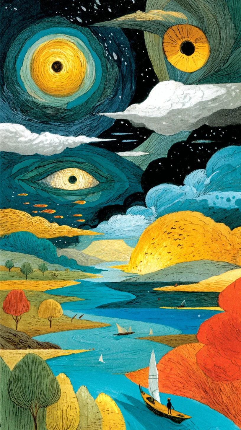 Surreal spaceship crossing dimensions in a warped cosmic landscape