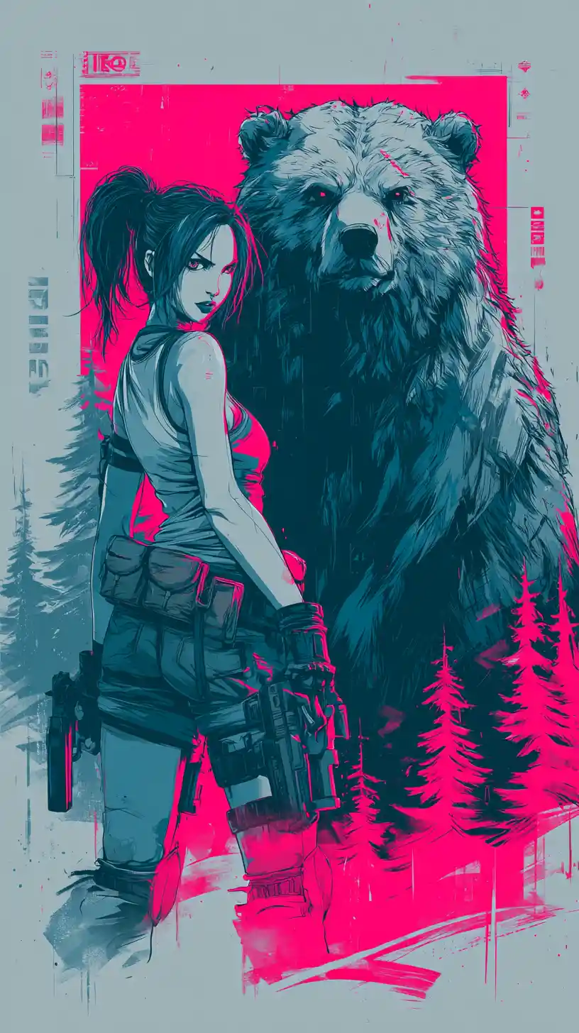 Punk adventurer and grizzly bear in misty forest clearing