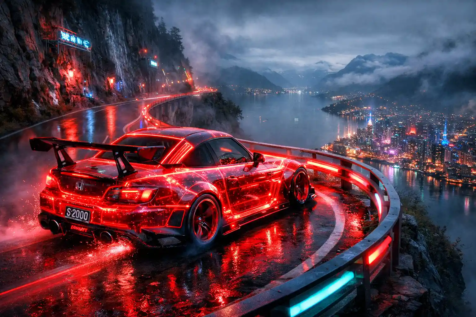 Futuristic sports car racing along neon mountain road