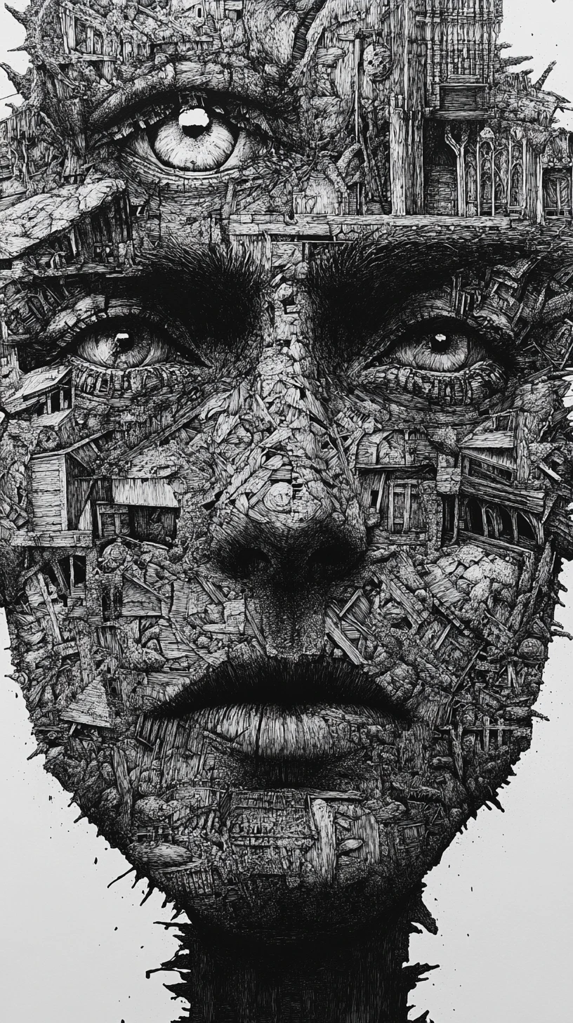 Surreal ink portrait of a fragmented mythic face collage