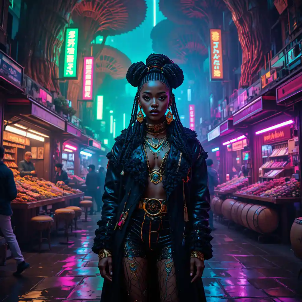 Afrofuturist femme fatale in neon cyberpunk marketplace