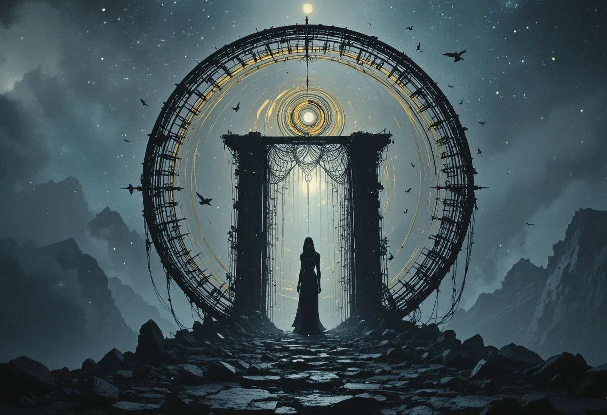 Raven Within A Glowing Cosmic Spiral Gate Of Golden Threads