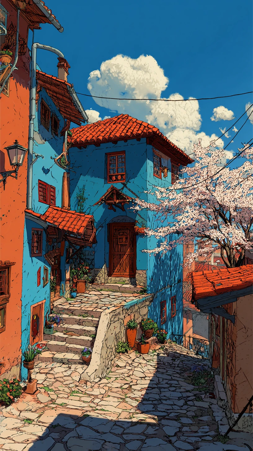 Colorful hillside Mediterranean village under sunny sky