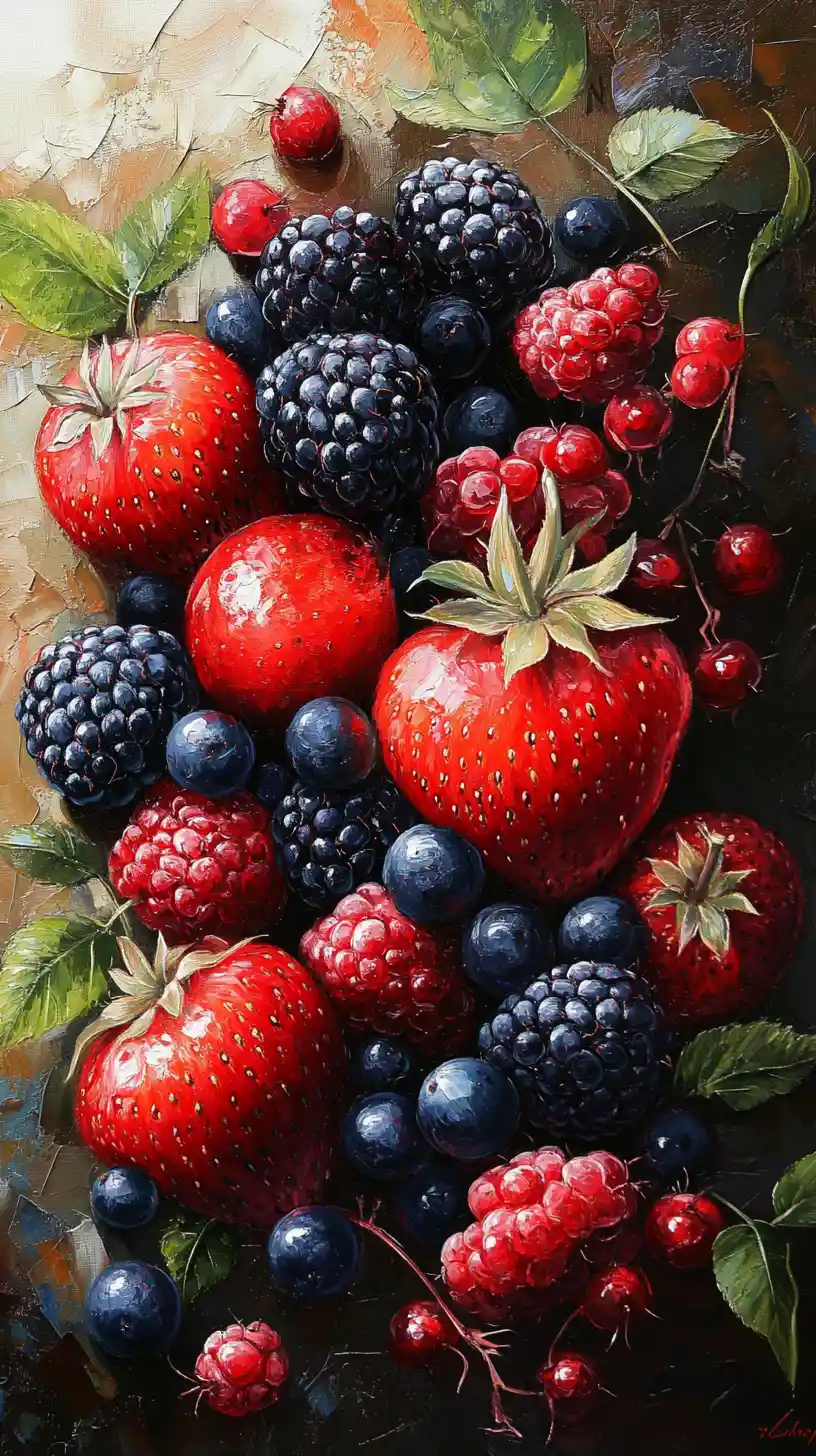 Close up oil painting of mixed summer berries and leaves