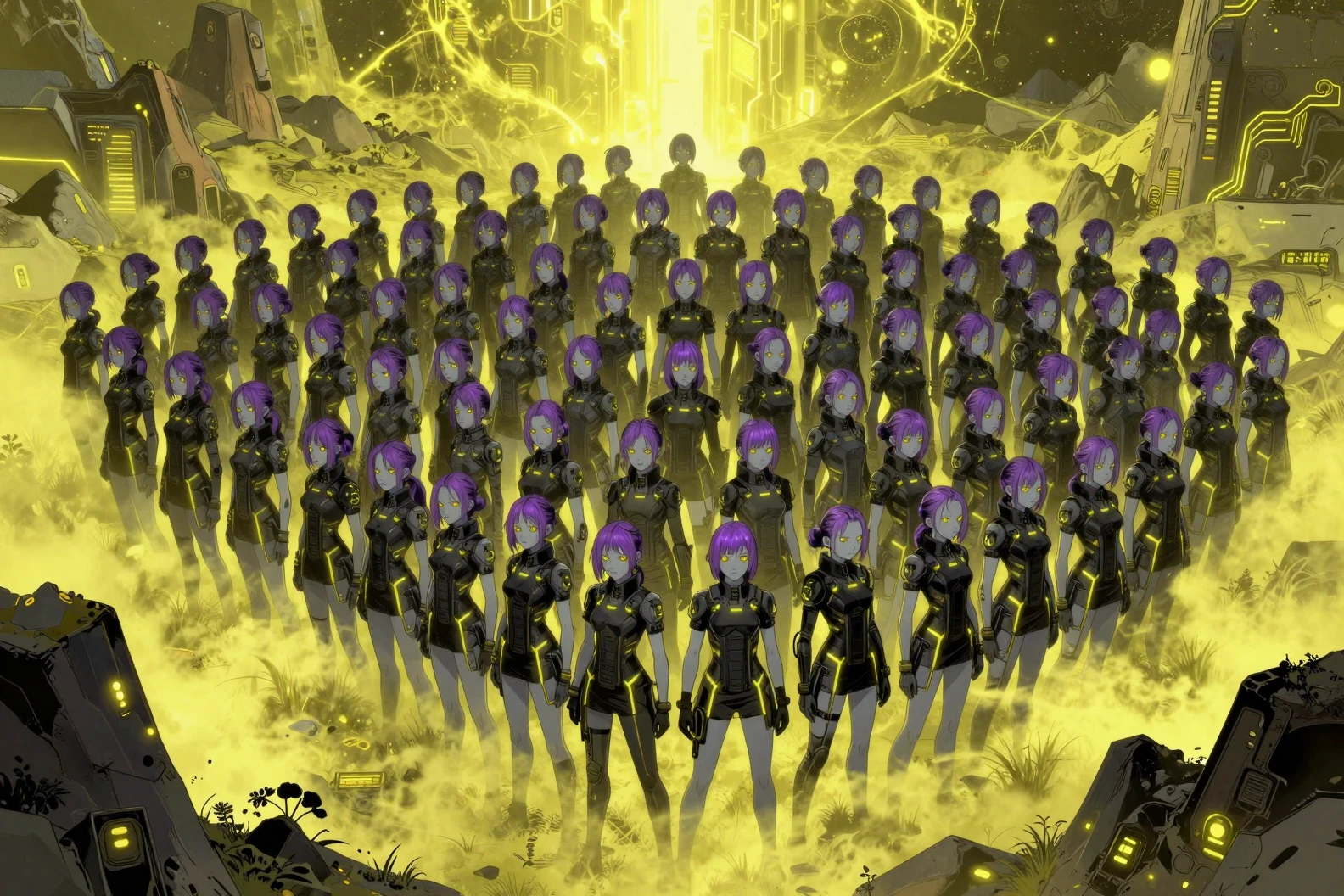 Futuristic teenage girls in neon uniforms across alien valley