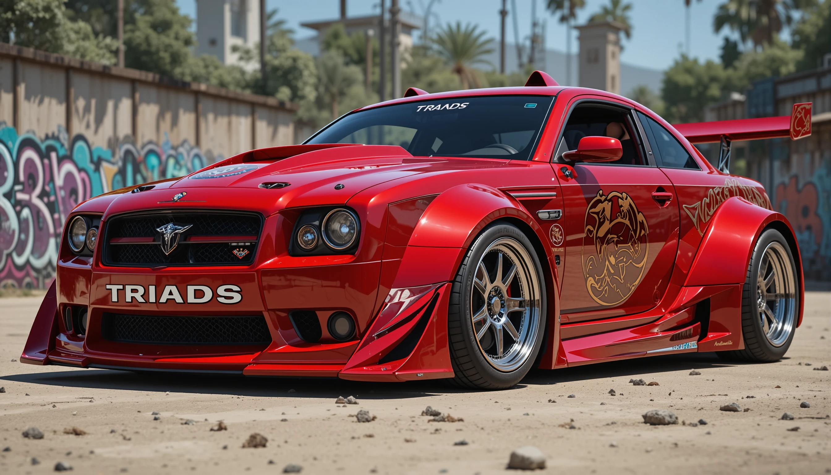 Red widebody sports car in a sunny urban park