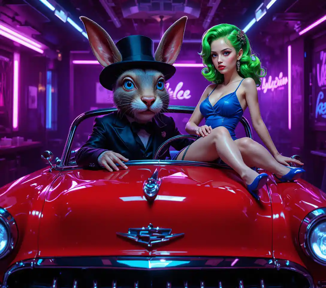 Anthropomorphic rabbit driving red classic car in neon club