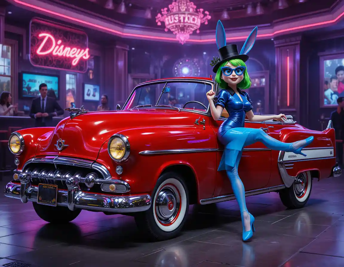 Anthropomorphic rabbit driving a red vintage car at night