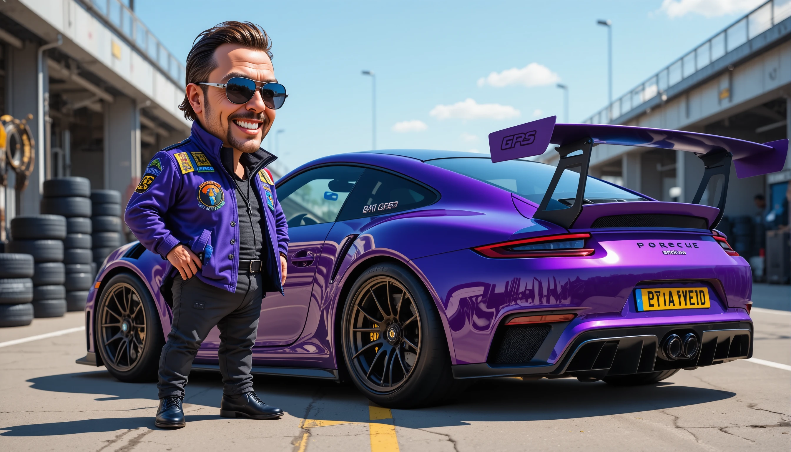 Photorealistic close up of man with purple sports car