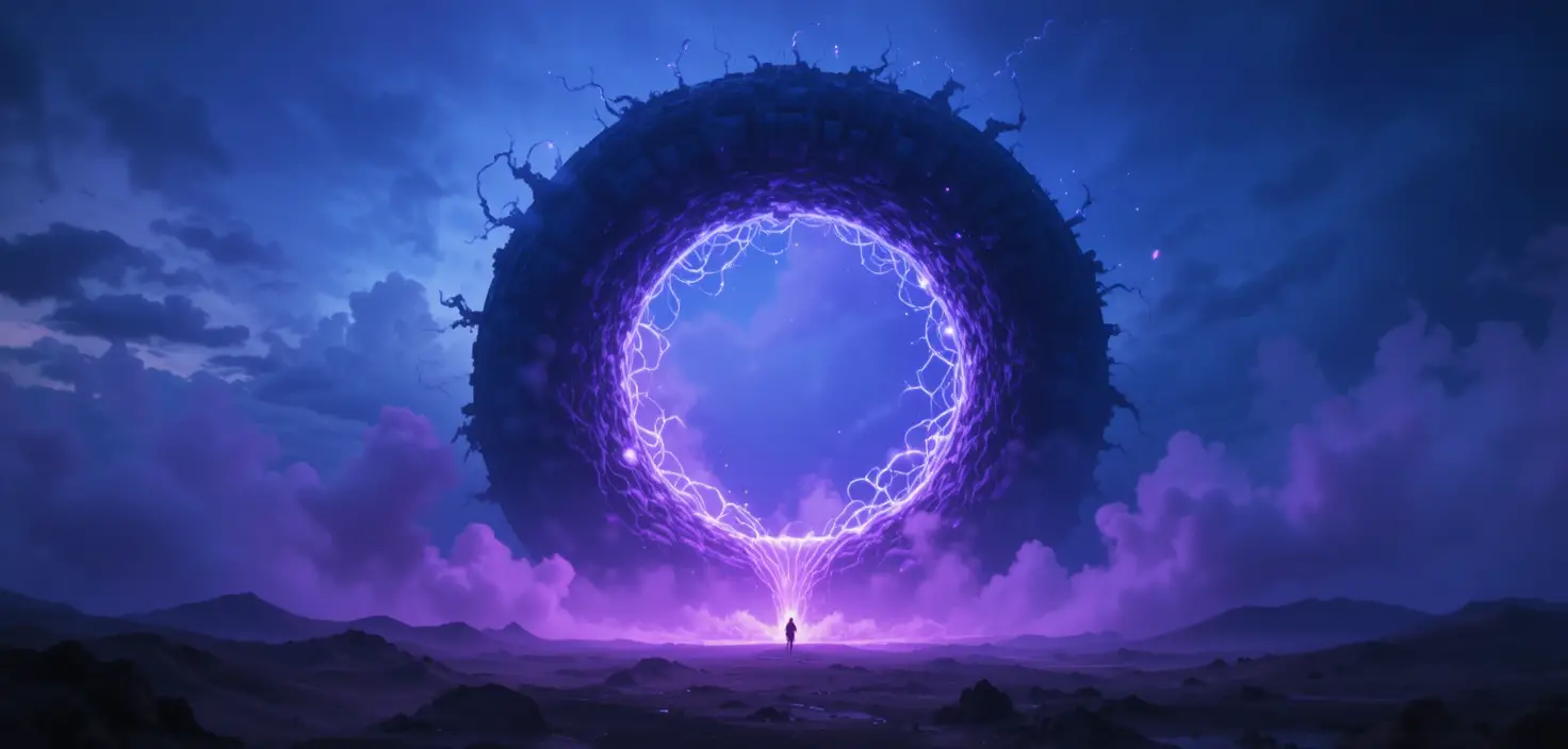 Surreal blue hour landscape with colossal black circle