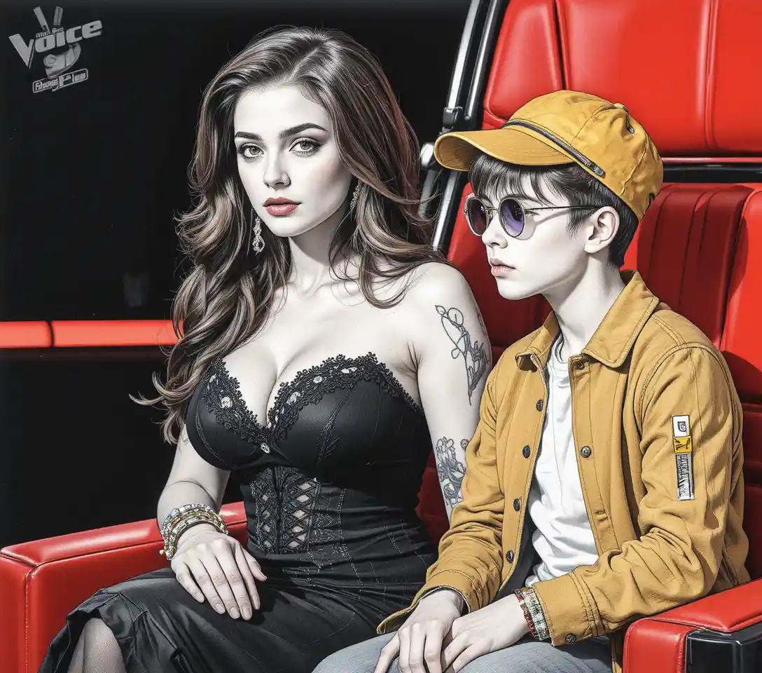 Serious woman and worried boy on red talent show chair