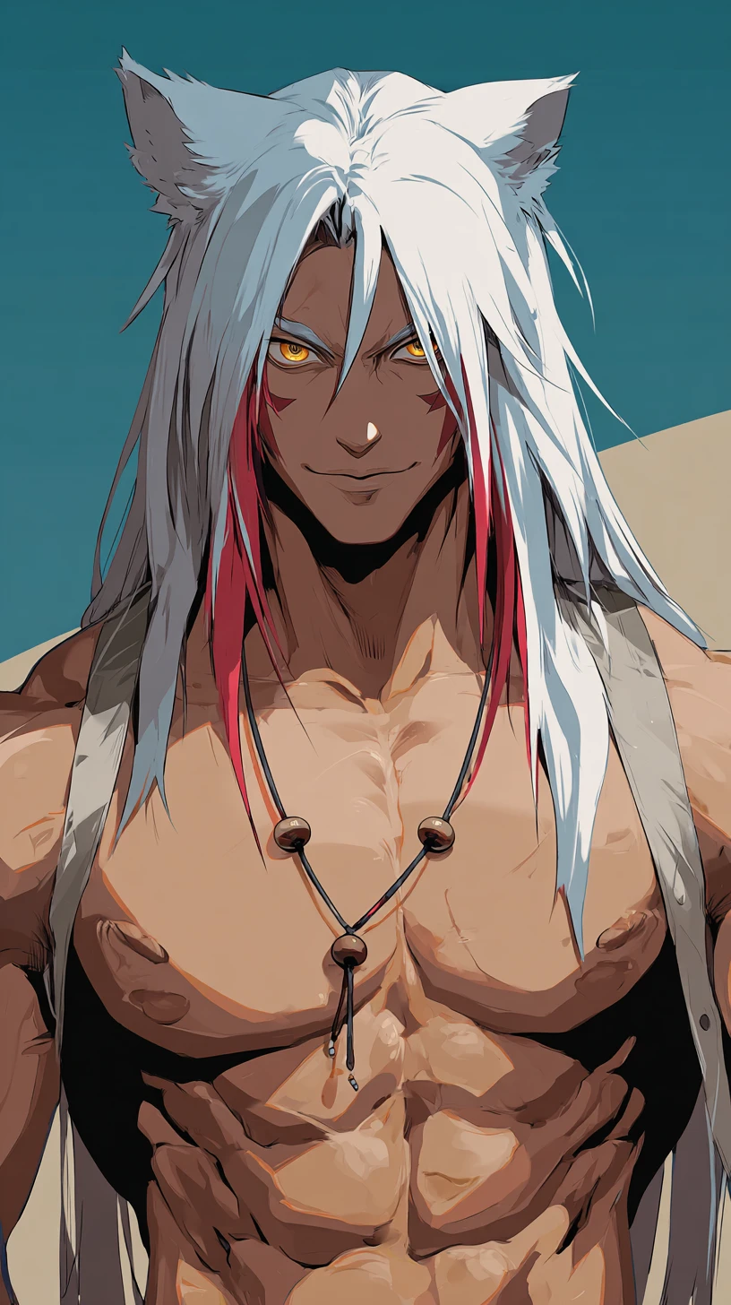 Anime man with split colored hair and heterochromia eyes outdoors