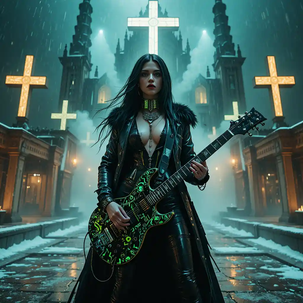 Cyberpunk guitarist on cathedral rooftop in toxic neon storm