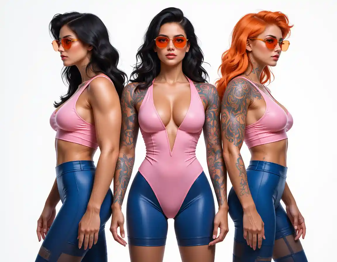 Stylish trio posing confidently in full body side profile