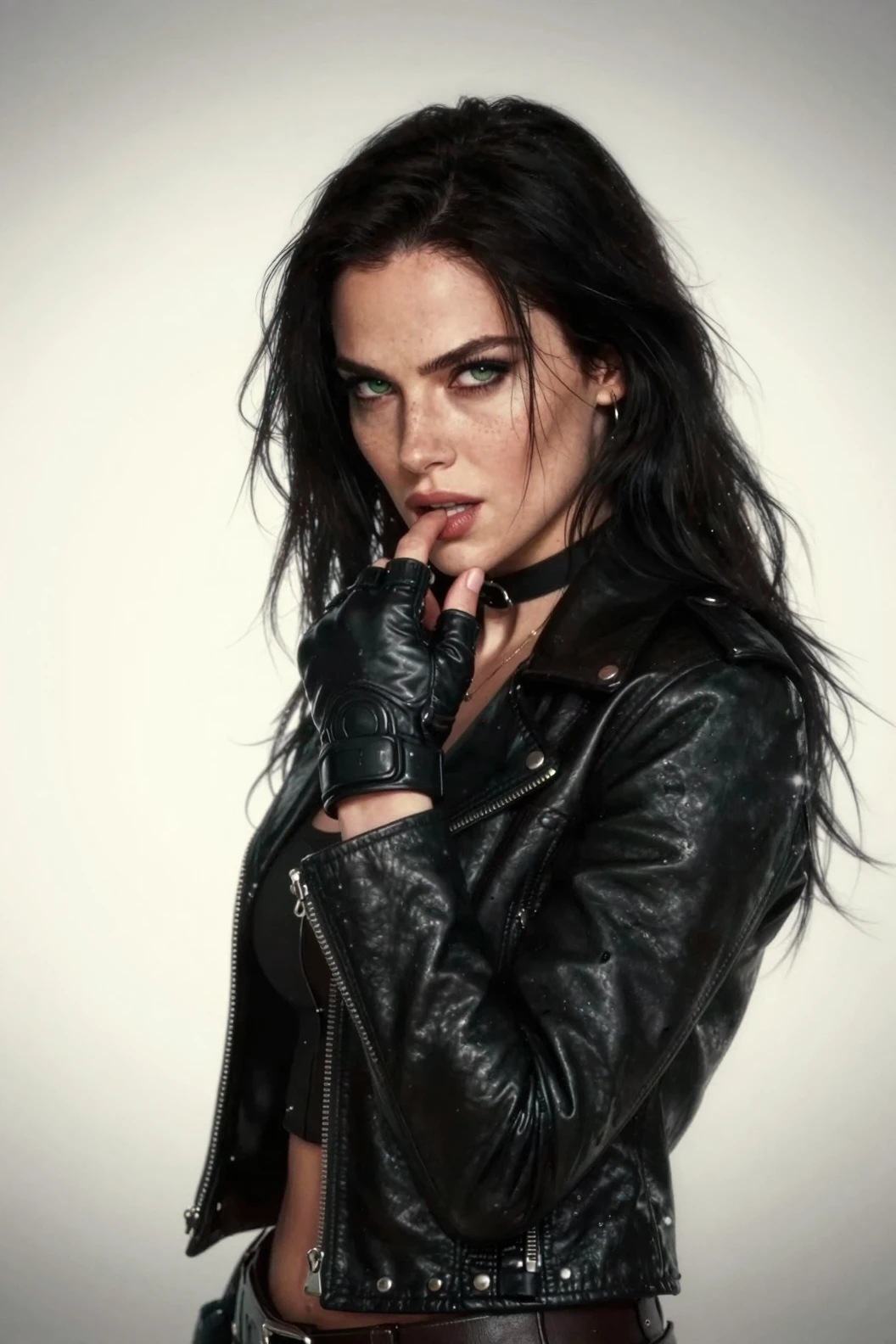 Dark haired woman in leather jacket with fierce pose