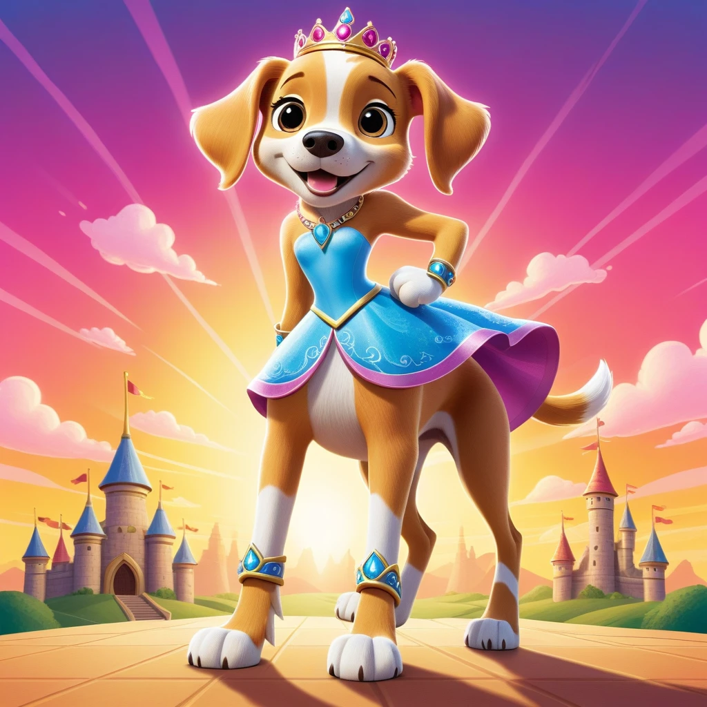 Standing princess pup mascot character in portrait photo