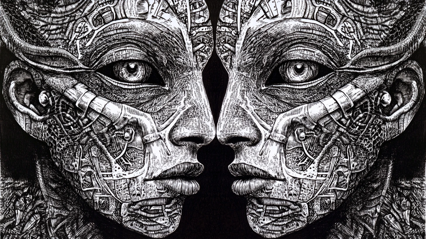 Surreal split face portrait merging human and mythic forms