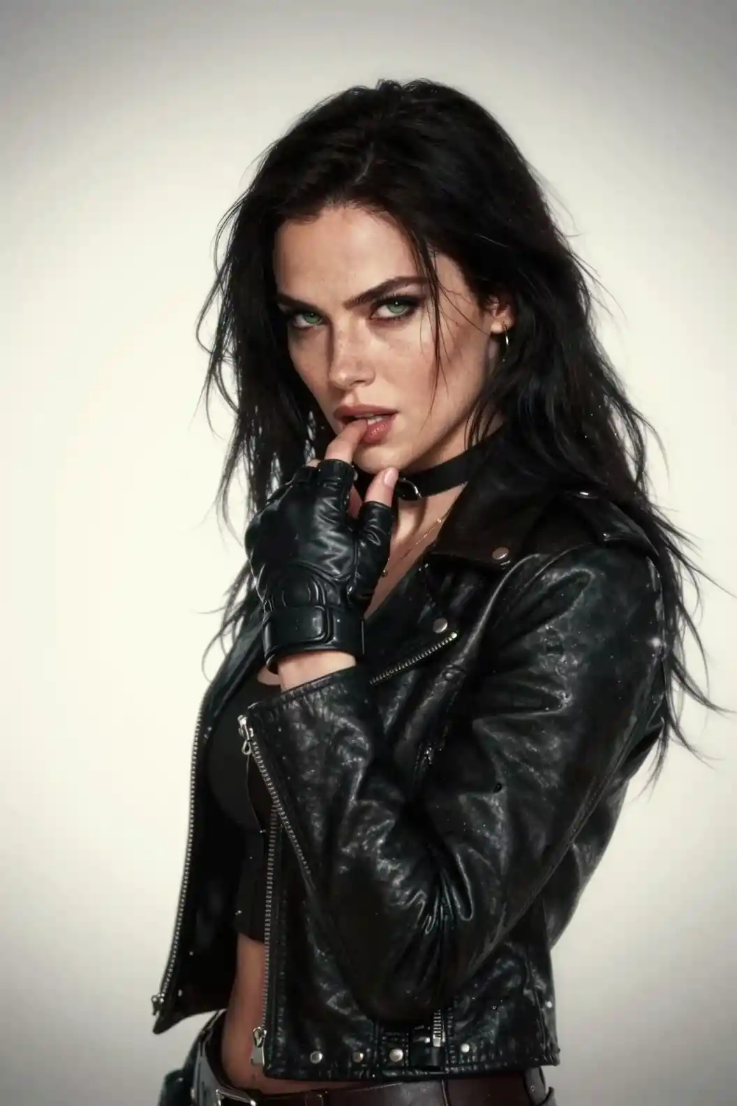 Dark haired woman in leather jacket with fierce pose