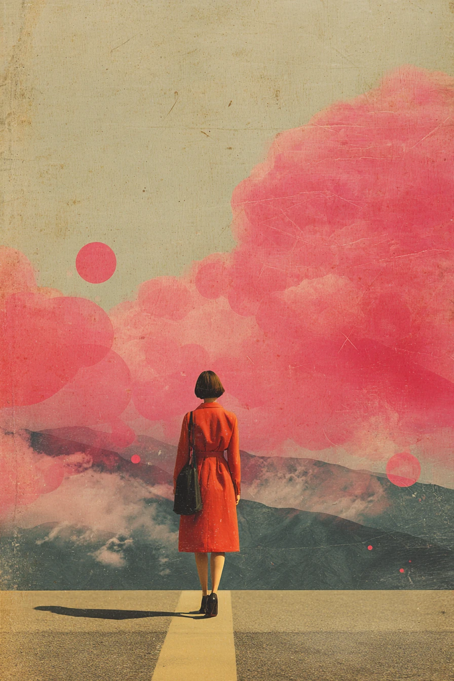 Collage vintage surreale sulla solitudine in colori granulosi e malinconici