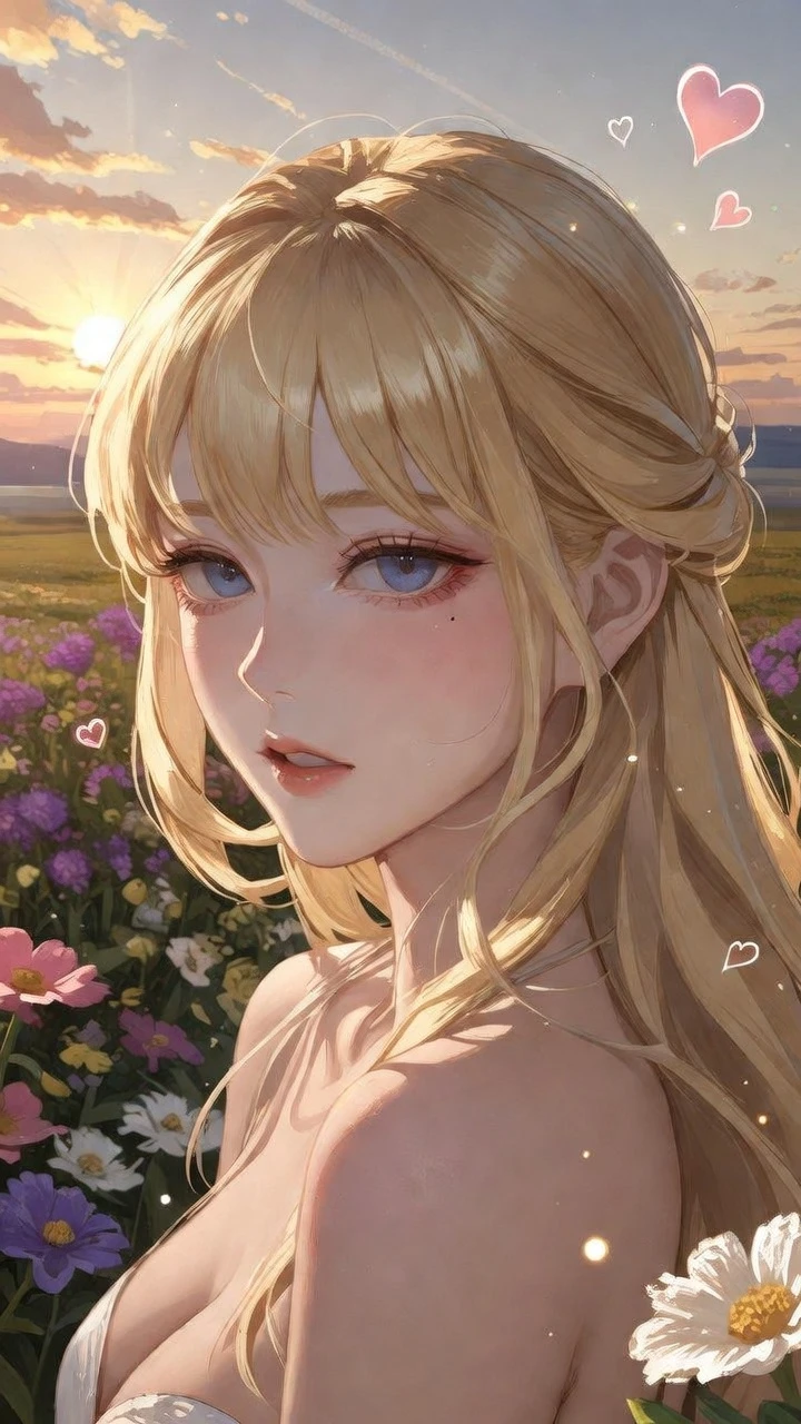Blondes Anime-Mädchen im Blumenfeld bei goldenem Sonnenuntergang