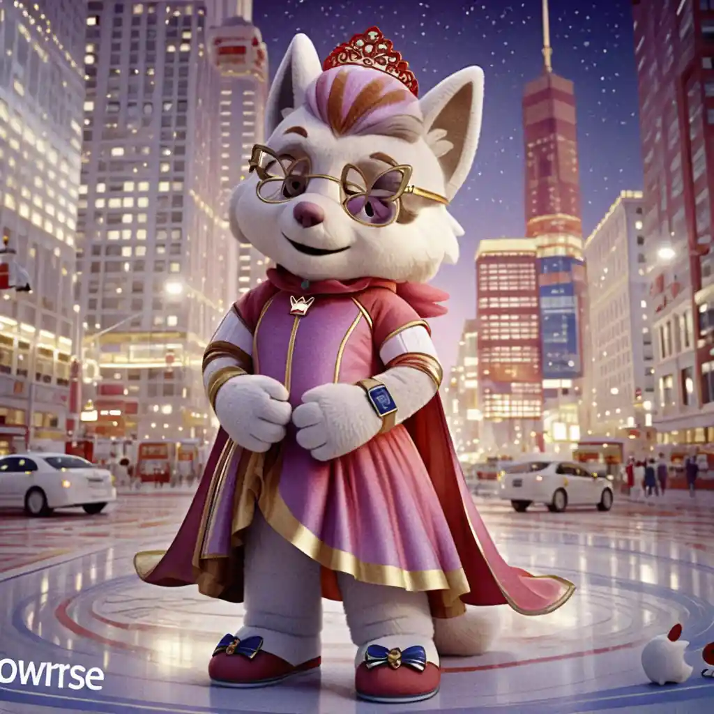 Full body mascot character standing in widescreen frame