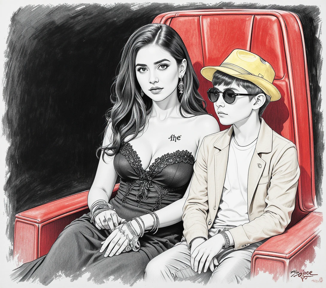 Serious woman and worried boy on red talent show chair